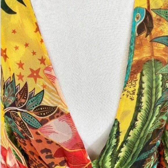 Farm Rio Tropical Dreams Caftan Maxi Dress Yellow Multi Jungle Cheetah Print - Picture 4 of 9